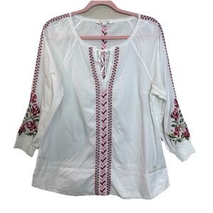 Odd Molly Cotton Embroidered Blouse Womens 2 White Boho Cottage Core 3/4 Sleeves
